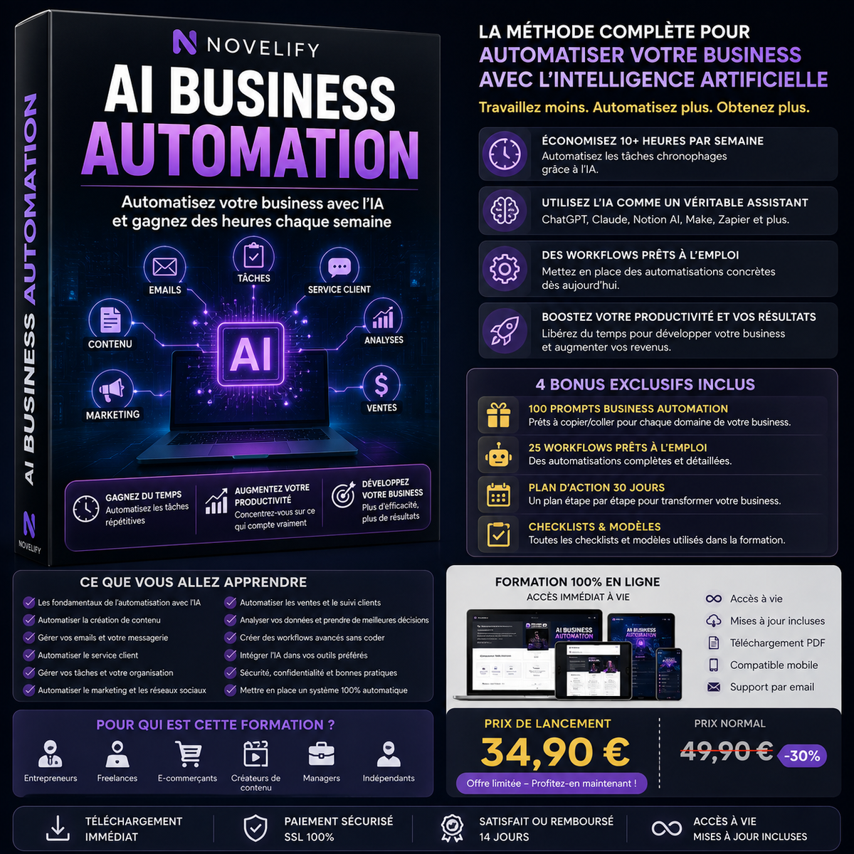 Livre numérique sur l'automatisation commerciale par Novelify, couverture avec graphique et texte sur l'intelligence artificielle en entreprise.