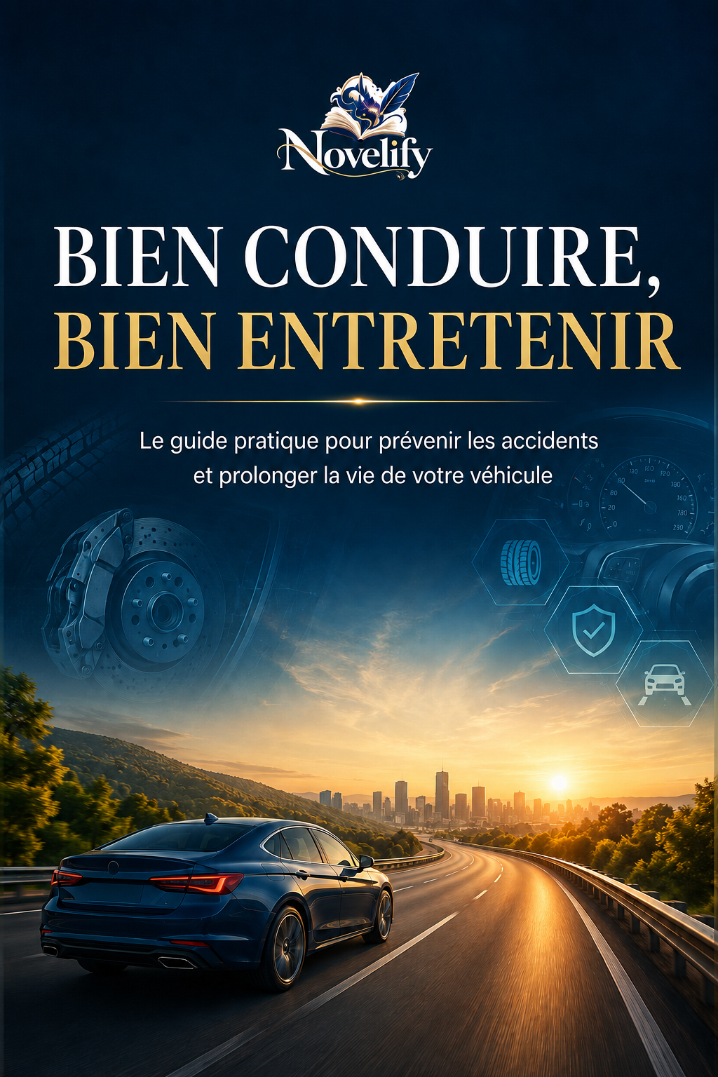 Couverture de l'ebook Bien conduire, bien entretenir par Novelify, illustrant un véhicule avec des conseils d'entretien et de conduite.