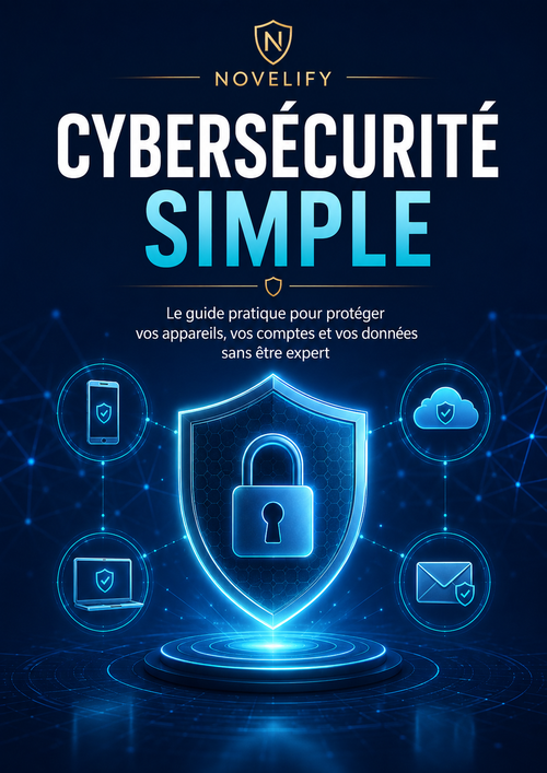 Bouclier numérique illustrant la protection des appareils, comptes et données pour une cybersécurité simple, par Novelify