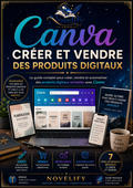 Livre numérique Canva : créer et vendre des produits digitaux, aperçu de la couverture avec le titre et le logo Novelify.