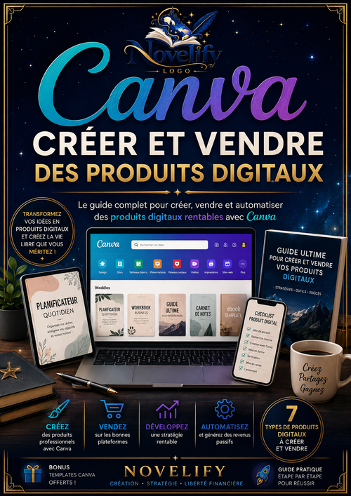 Livre numérique Canva : créer et vendre des produits digitaux, aperçu de la couverture avec le titre et le logo Novelify.