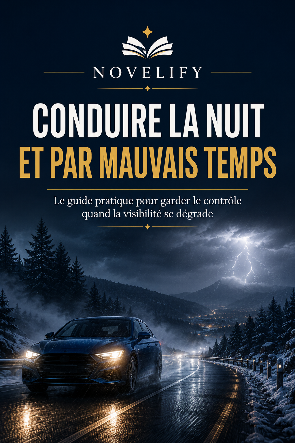 Conduite nocturne par mauvais temps avec véhicule sous une pluie dense, illustration de sécurité routière par Novelify
