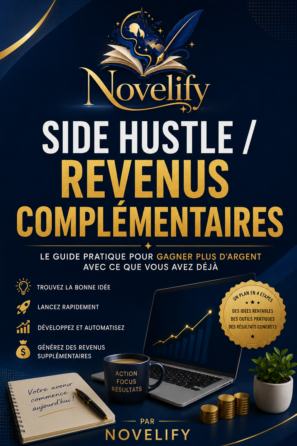 Livre numérique Novelify pour créer du contenu TikTok et Instagram avec l'IA, montrant une couverture avec des icônes de réseaux sociaux.