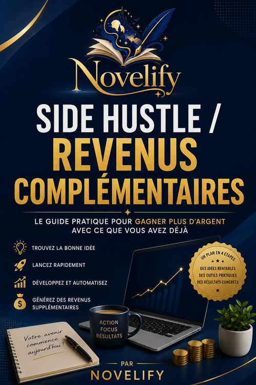 Livre numérique Novelify pour créer du contenu TikTok et Instagram avec l'IA, montrant une couverture avec des icônes de réseaux sociaux.
