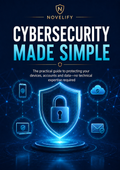 Livre "Cybersecurity Made Simple" de Novelify avec couverture bleue et titre visible.