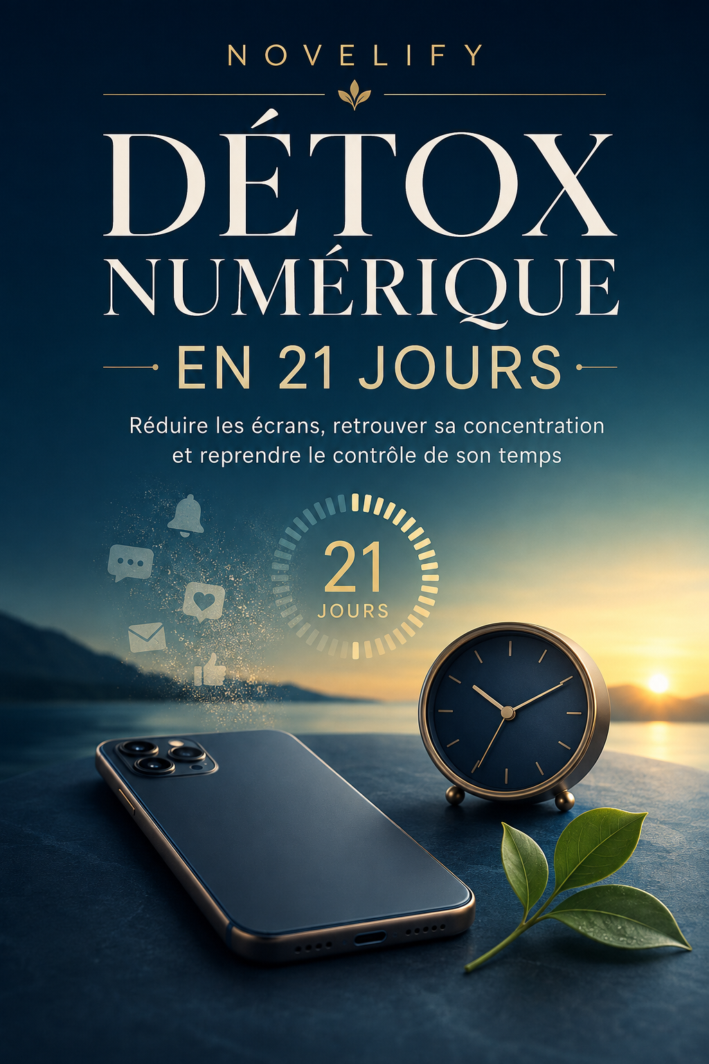 Livre numérique Digital Detox de Novelify, affiche la couverture avec un design épuré sur la reprise du contrôle du téléphone.