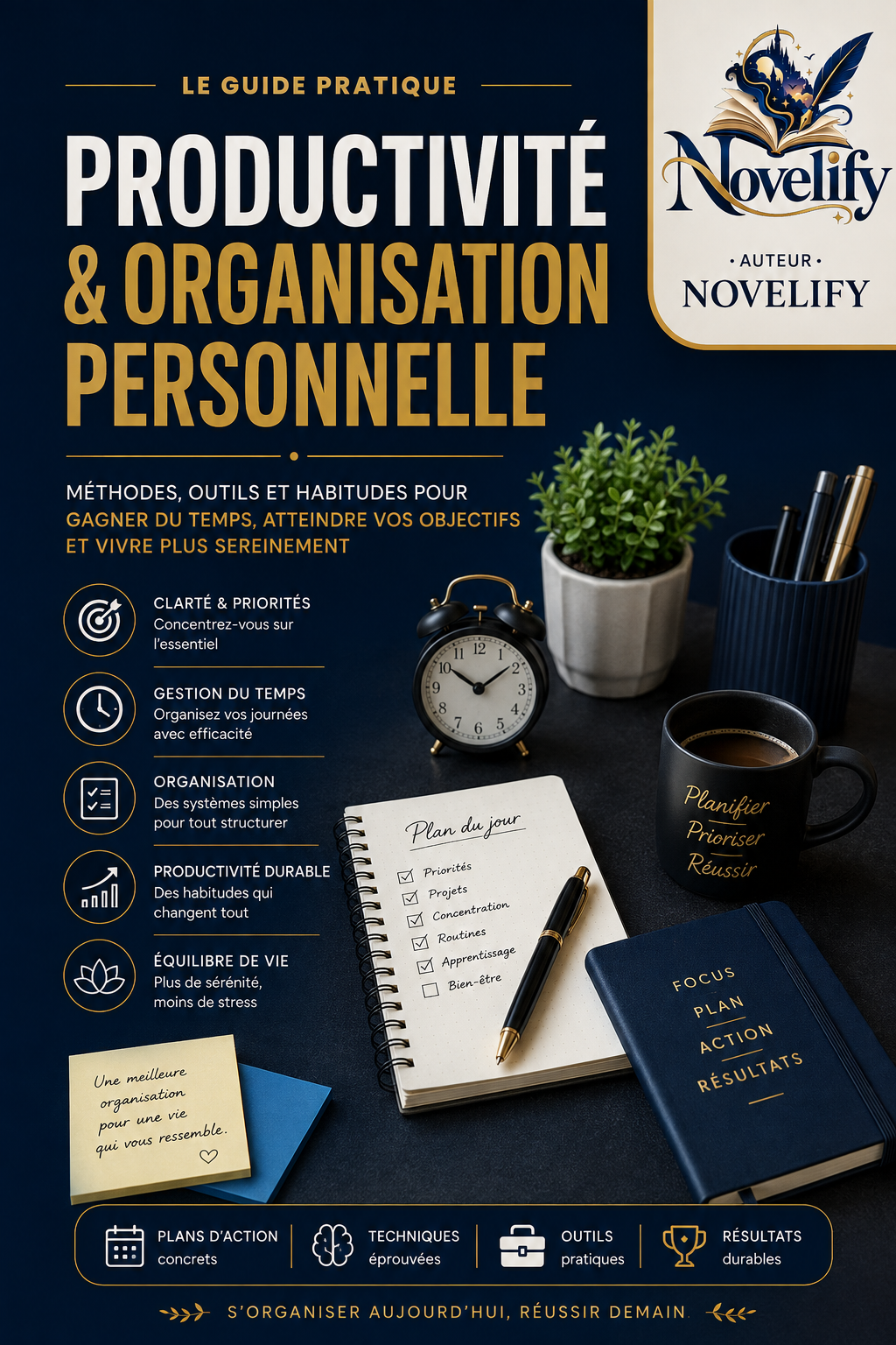 Livre numérique de Novelify sur la productivité et l'organisation personnelle, affiché avec une couverture colorée et moderne.