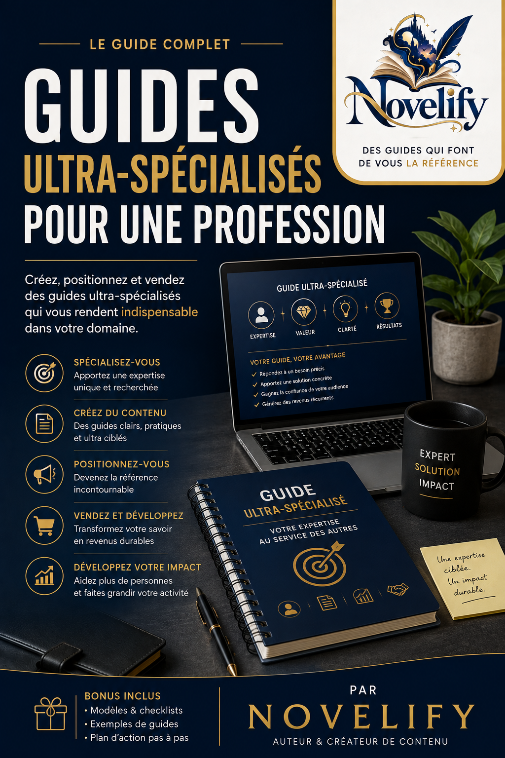 Livre numérique de guides ultra-spécialisés pour une profession, publié par Novelify, avec couverture illustrée.