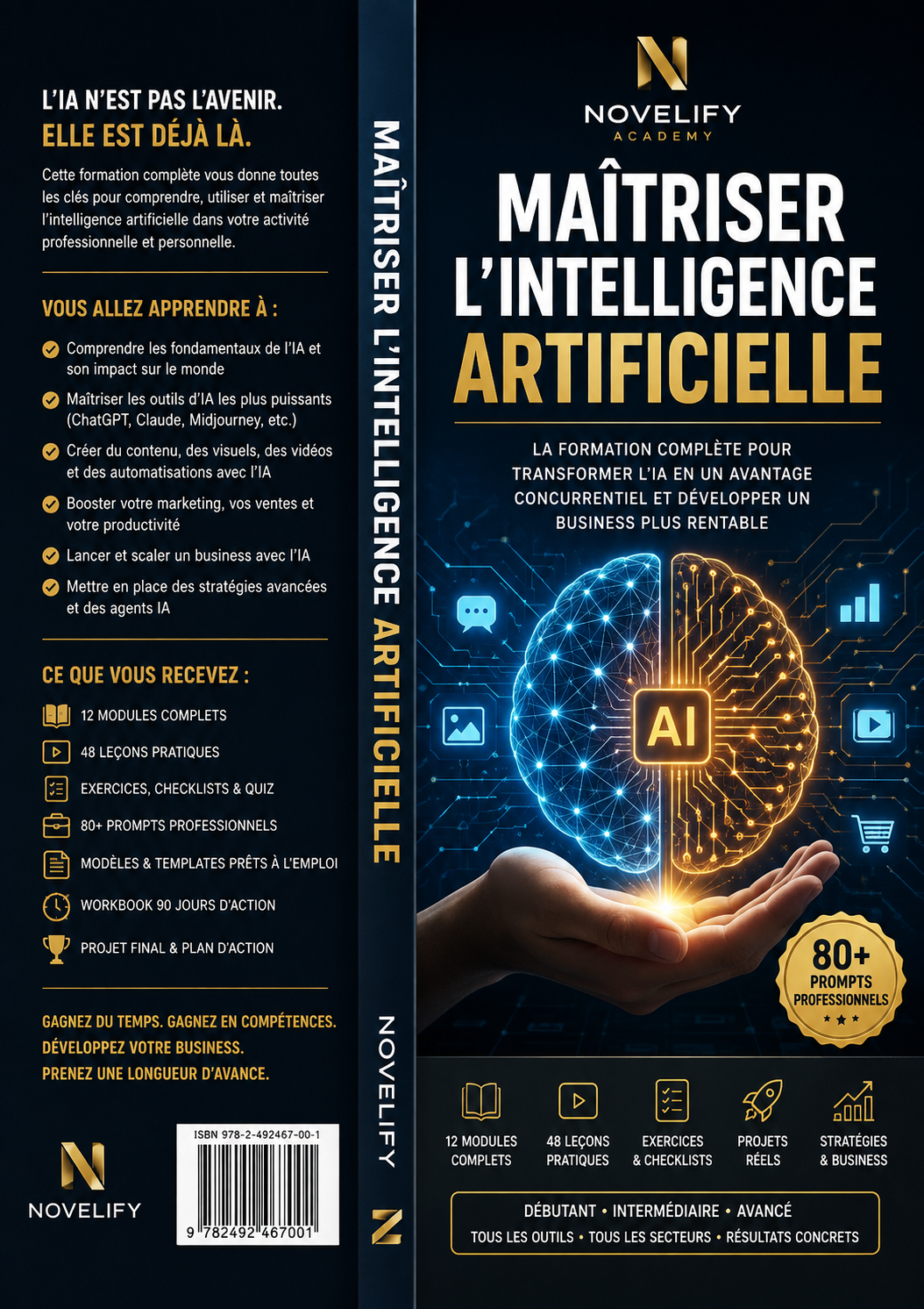 Livre numérique IA Business Master de Novelify, couverture avec titre et design moderne, conçu pour améliorer vos compétences en IA.