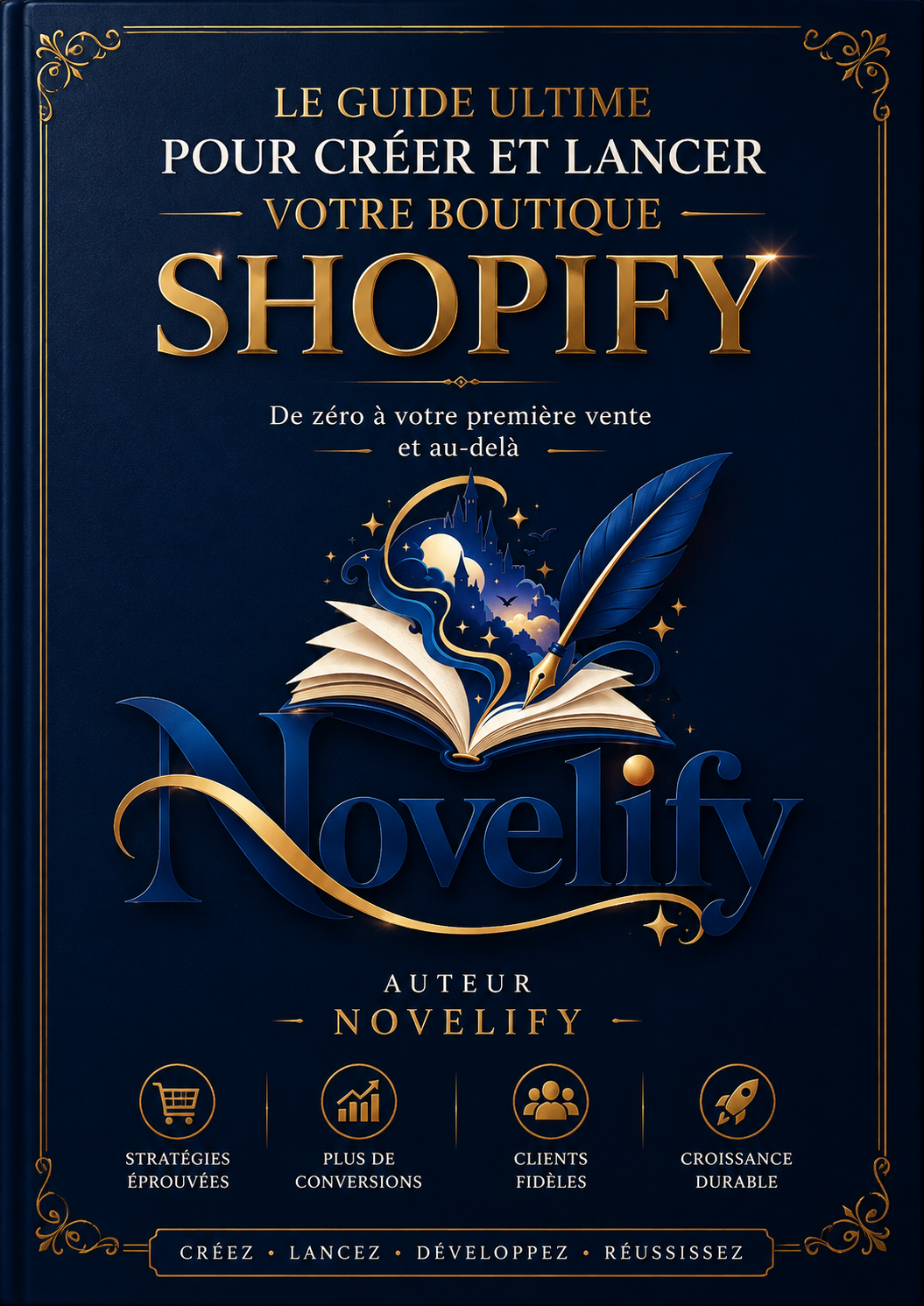Livre numérique de Novelify pour lancer une boutique Shopify qui vend, avec couverture illustrée.