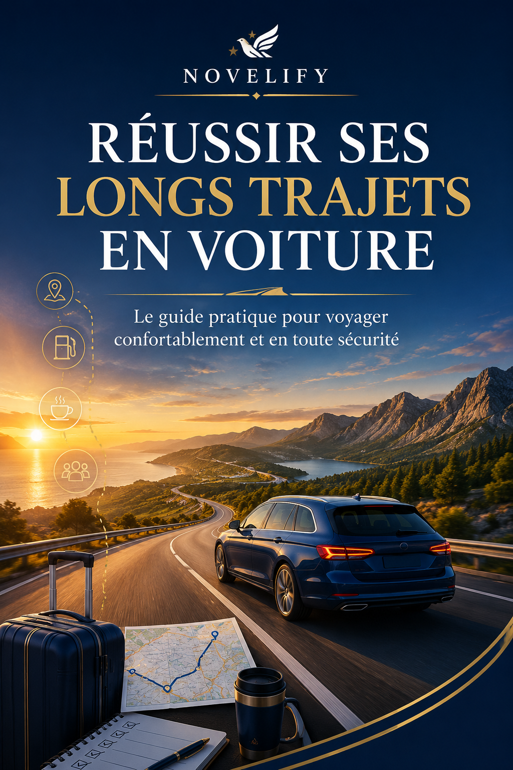 Livre Novelify "Réussir ses longs trajets en voiture" avec couverture illustrée, destiné à améliorer l'expérience de voyage en voiture.