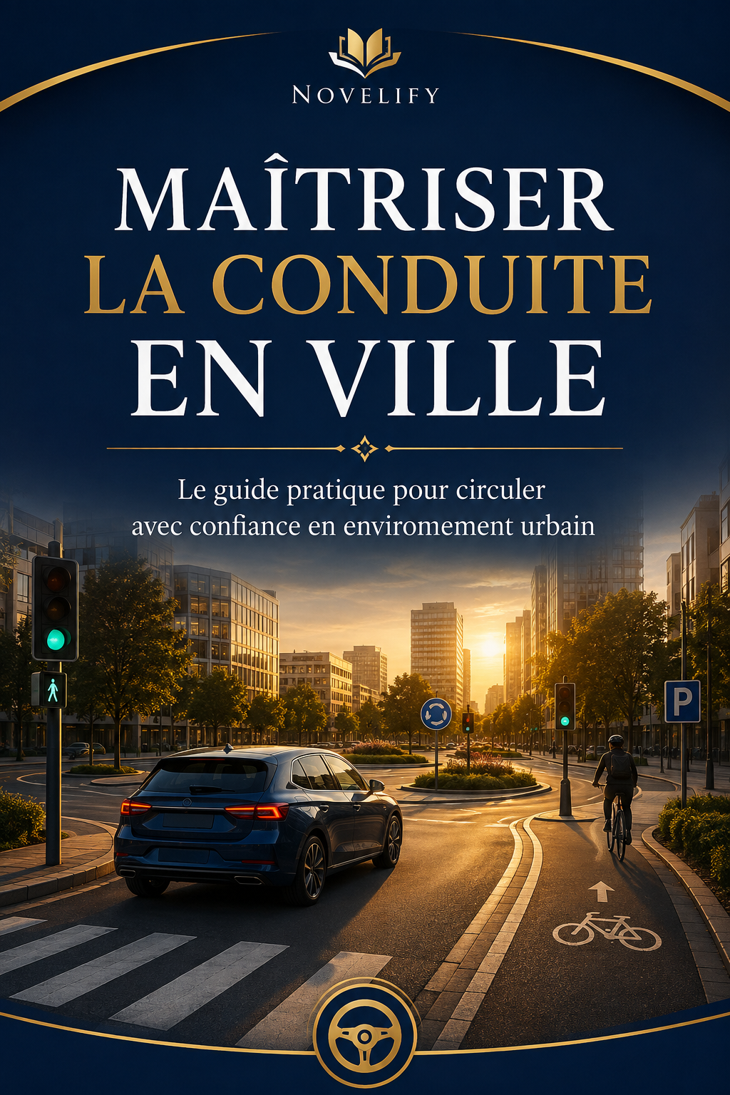 Couvreur du livre Maîtriser la conduite en ville de Novelify, montrant la couverture avec un vélo et une ville en arrière-plan.