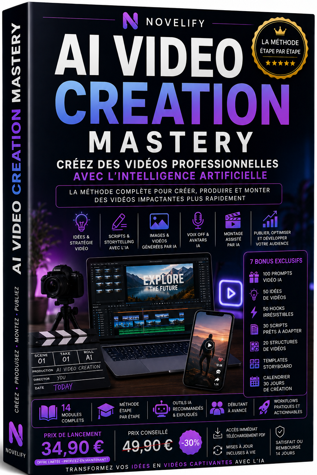Livre numérique "AI Video Creation Mastery" de Novelify avec couverture illustrant la création vidéo avec l'IA