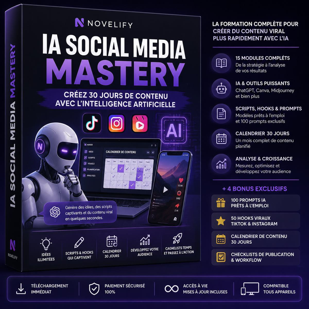 Livre numérique "IA Social Media Mastery" de Novelify montrant une couverture avec des icônes de réseaux sociaux et d'intelligence artificielle.
