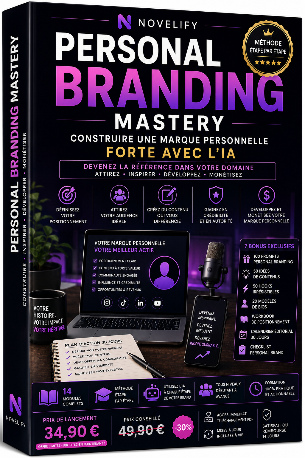 Livre numérique Novelify sur la maîtrise du personal branding avec l’IA, couverture avec titre et design moderne.