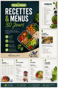 Livre numérique de recettes et menus de préparation de repas pour 30 jours par Novelify, affiché sur fond blanc.