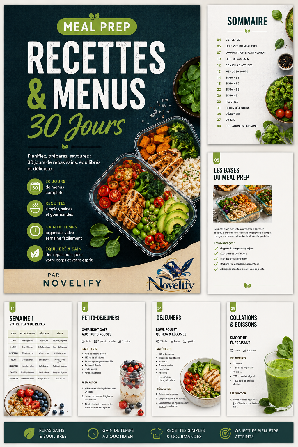 Livre numérique de recettes et menus de préparation de repas pour 30 jours par Novelify, affiché sur fond blanc.