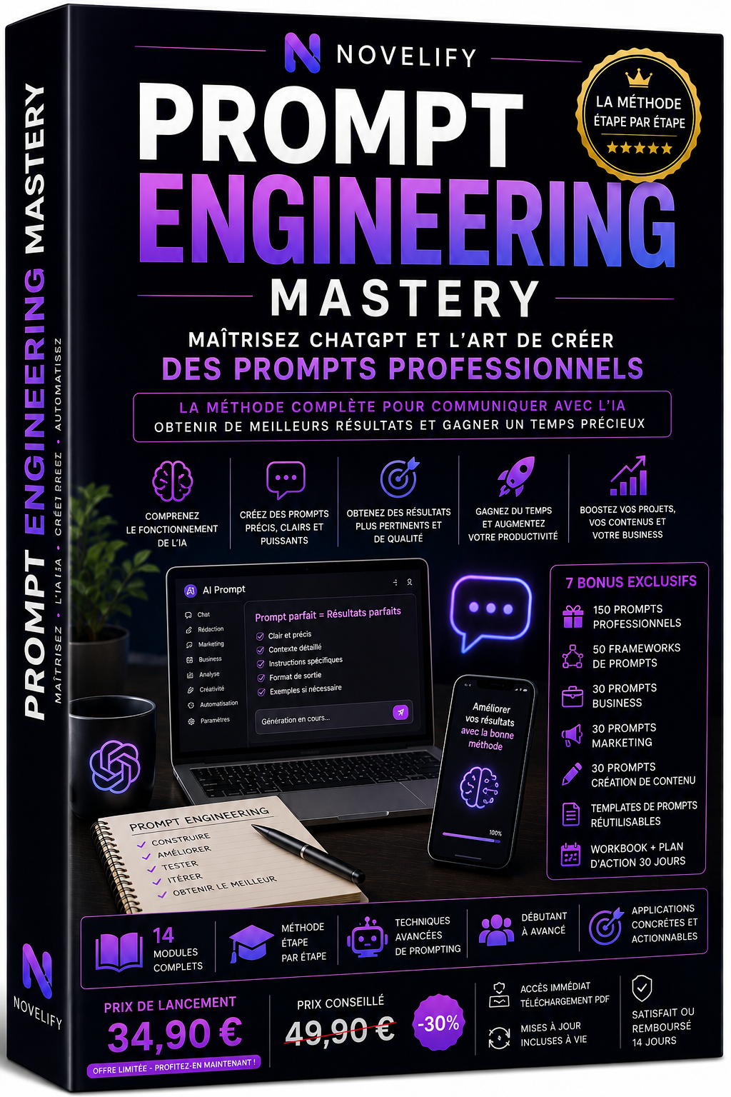 Livre numérique Prompt Engineering Mastery de Novelify avec couverture illustrée sur fond blanc.
