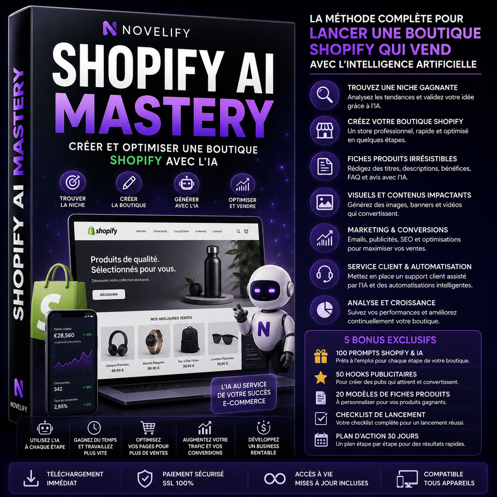 Livre numérique Shopify AI Mastery de Novelify avec couverture illustrée, axé sur l'intelligence artificielle et le commerce en ligne.
