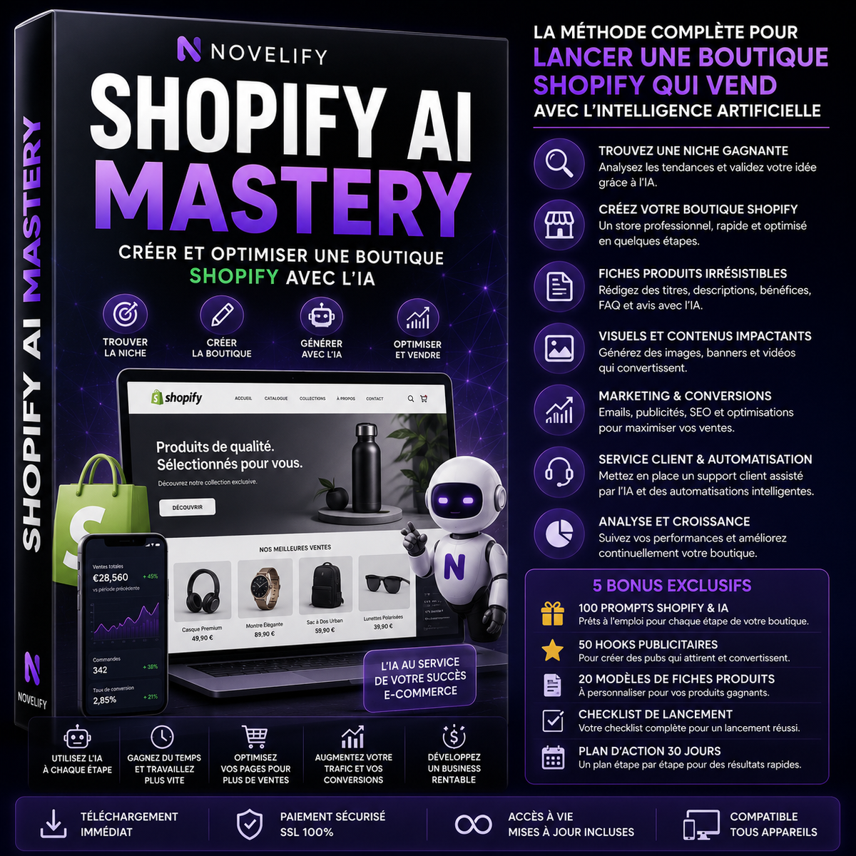 Livre numérique Shopify AI Mastery de Novelify avec couverture illustrée, axé sur l'intelligence artificielle et le commerce en ligne.