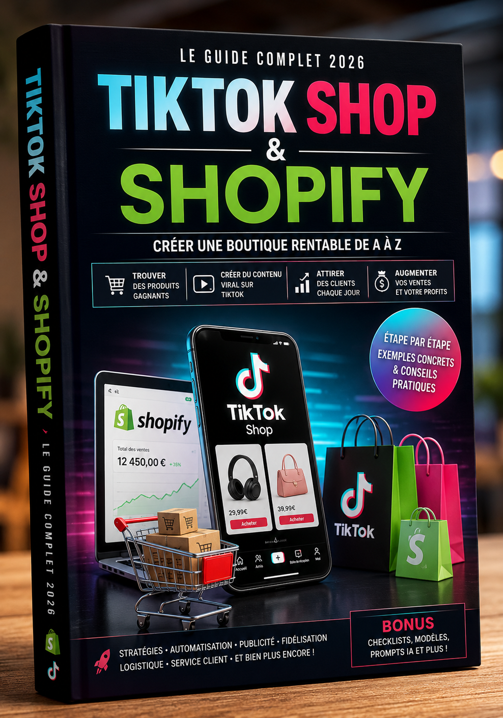 Livre numérique TikTok Shop & Shopify 2026 par Novelify, couverture avec logo TikTok et Shopify, format numérique.