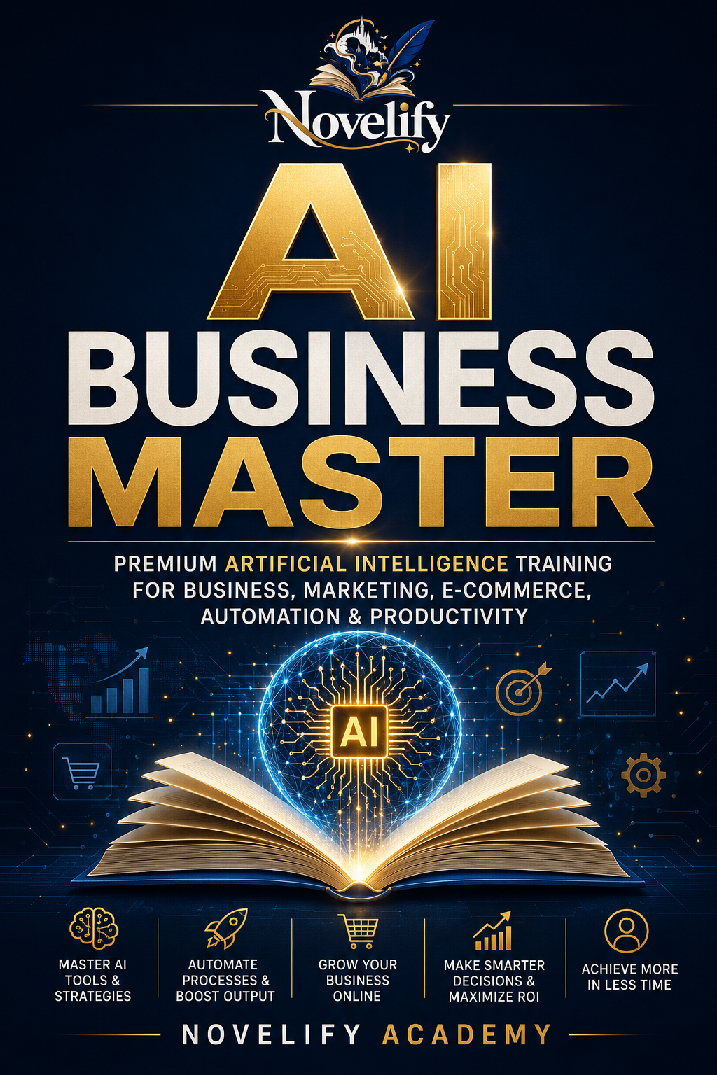 Couverture de l'ebook AI BUSINESS MASTER de la marque Novelify, illustrée avec un design moderne et technologique.