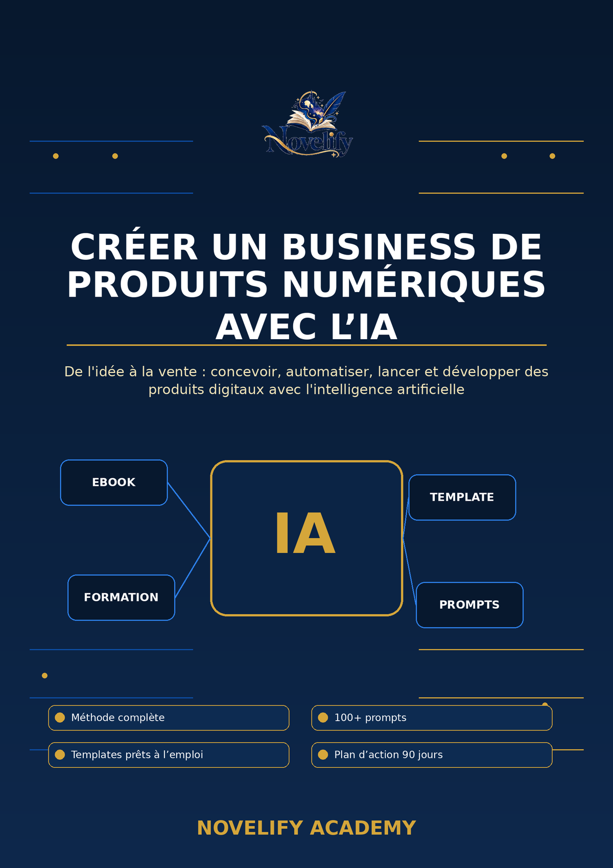 Couverture du livre numérique et vidéo AI Digital Business Master de Novelify sur la création et vente de produits numériques avec l'IA.