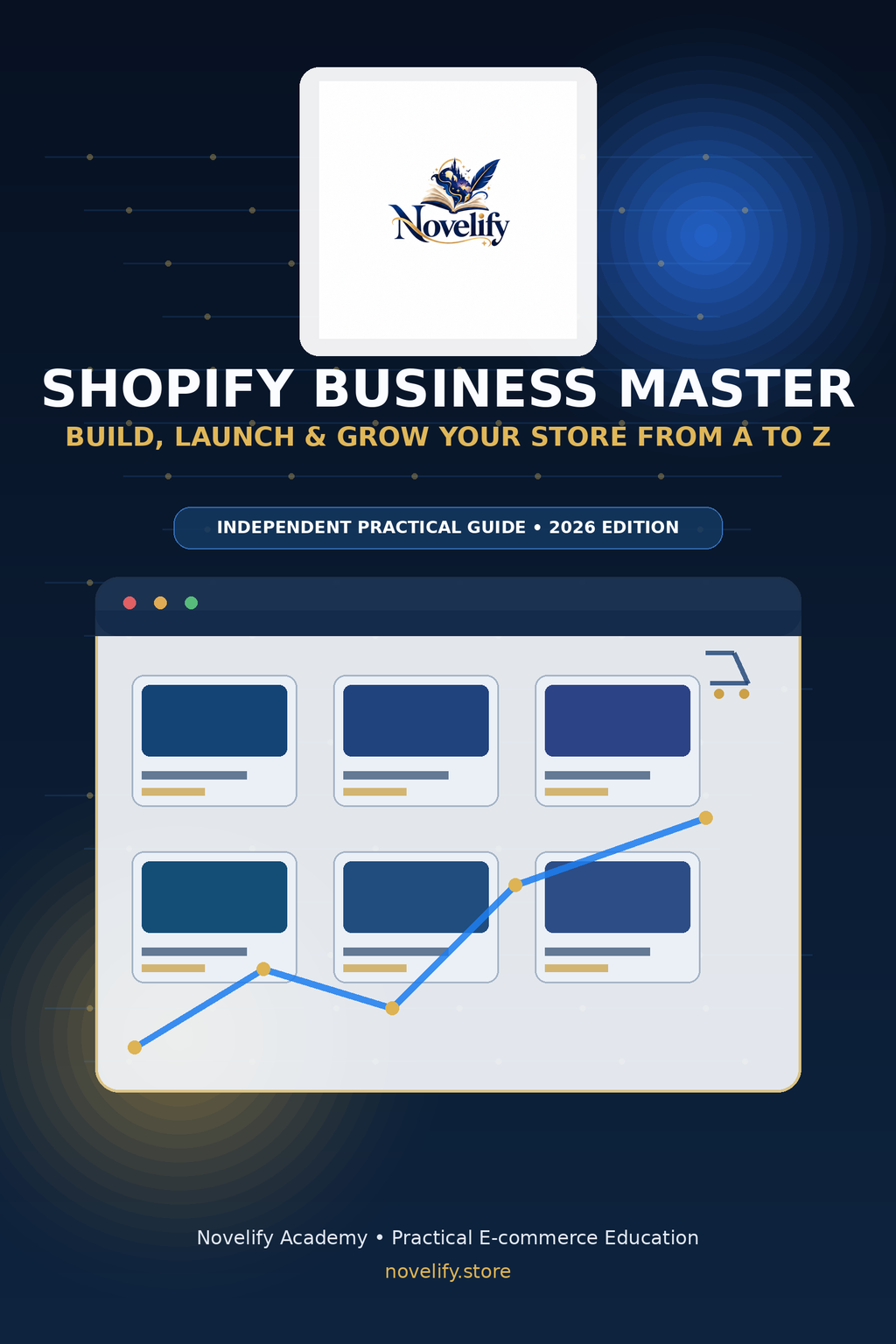 Couverture de l'ebook Shopify Business Master de Novelify, guide complet pour créer, lancer et développer votre boutique Shopify.